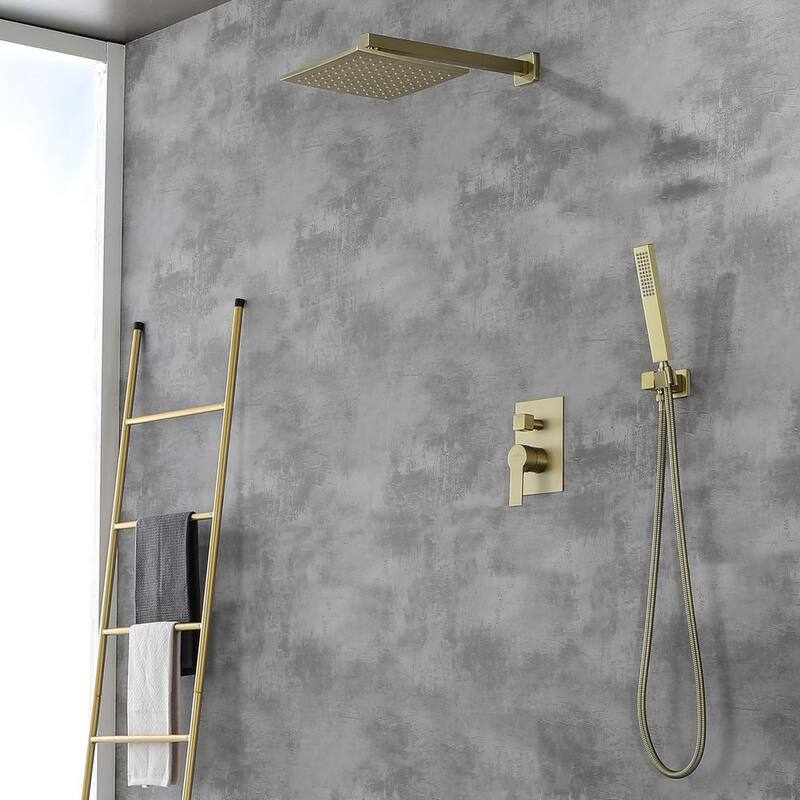 1-Spray Patterns 2.66 GPM 10 in. Wall Mounted Dual Shower Heads with Rough-In Valve Body and Trim in Brushed Gold