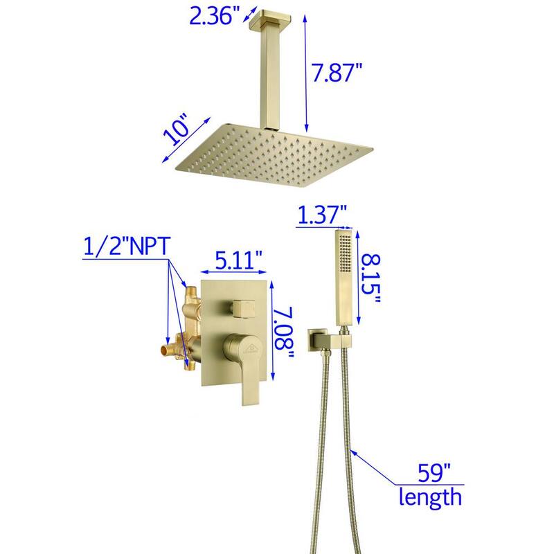 1-Spray Patterns 2.66 GPM 10 in. Ceiling Mounted Dual Shower Heads with Rough-In Valve Body and Trim in Brushed Gold