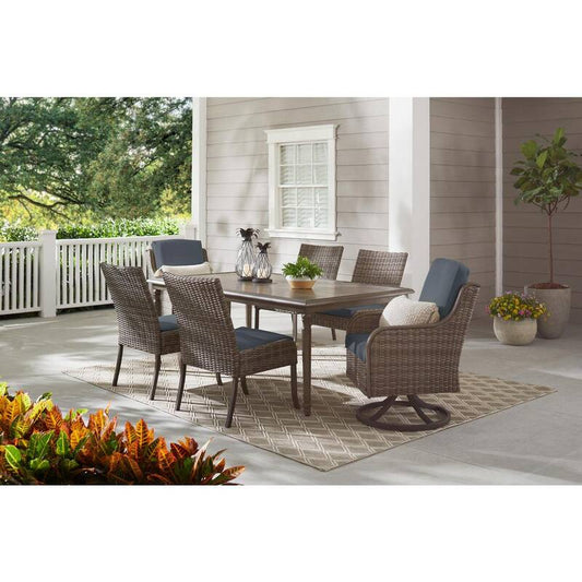 Windsor Brown Wicker Outdoor Patio Stationary Armless Dining Chair with CushionGuard Steel Blue Cushions 2-Pack