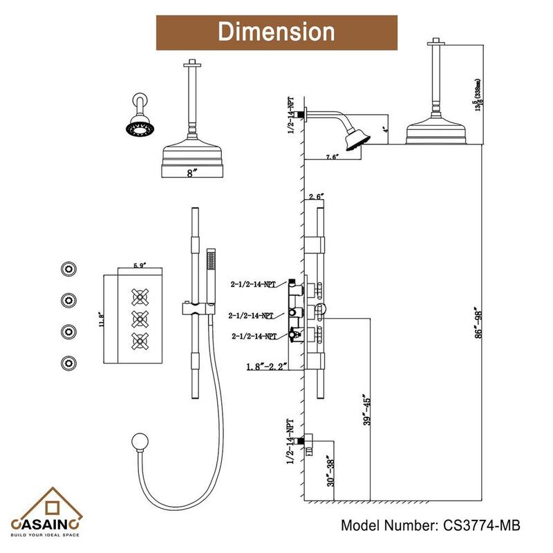 1-Spray Patterns 8 in. Ceiling Mounted Dual Shower Heads in Matte Black with Sliding Bar and 4 Body Sprays