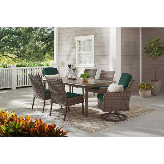 Windsor Brown Wicker Outdoor Stationary Armless Dining Chair w/ CushionGuard Charleston Blue-Green Cushions 2-Pack