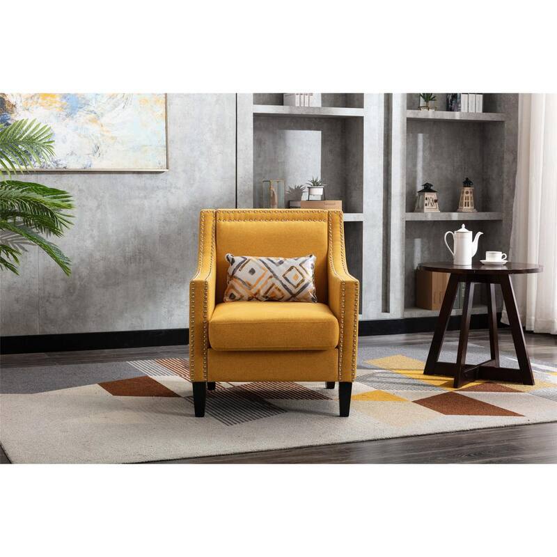 Yellow Linen Fabric Upholstered Accent Arm Chair with Nailheads and Solid Wooden Legs