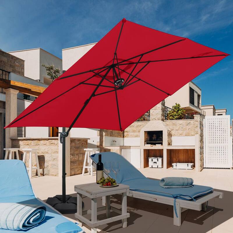 10 ft. x 10 ft. Aluminum Offset Cantilever Adjustable Vertical Tilt Square Patio Umbrella with LED Light in Red