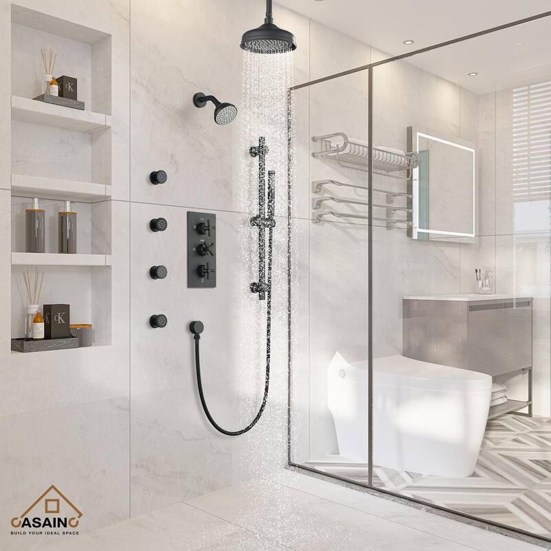 1-Spray Patterns 8 in. Ceiling Mounted Dual Shower Heads in Matte Black with Sliding Bar and 4 Body Sprays