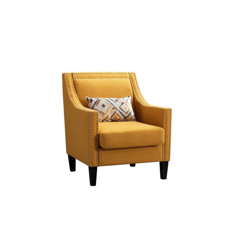 Yellow Linen Fabric Upholstered Accent Arm Chair with Nailheads and Solid Wooden Legs