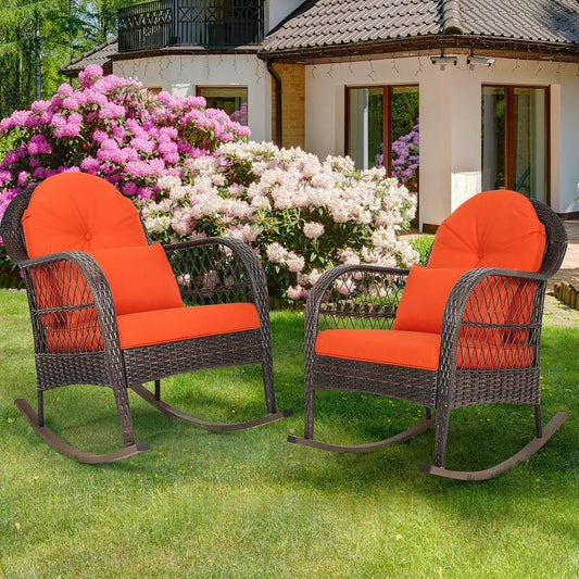 Wicker Outdoor Rocking Chair with Orange Cushioned 2-Pack