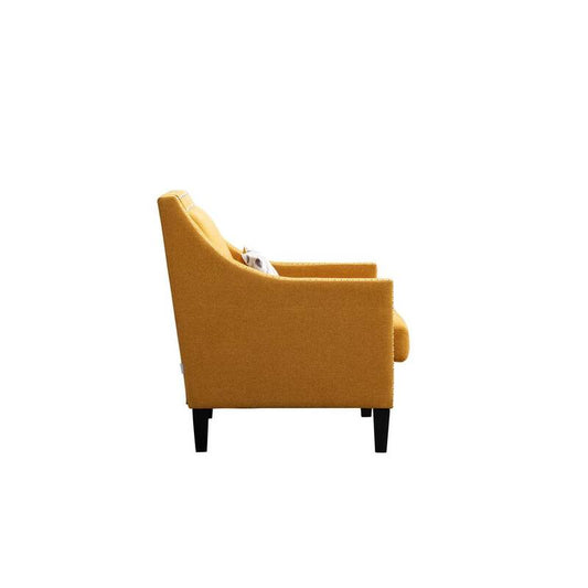 Yellow Linen Fabric Upholstered Accent Arm Chair with Nailheads and Solid Wooden Legs