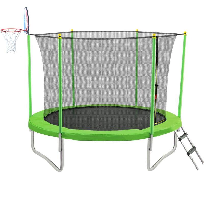 10 ft. Outdoor Round Steel Trampoline in Green for Kids with Safety Enclosure Net Basketball Hoop and Ladder