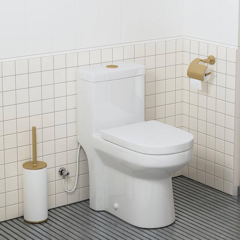 1-piece 0.8/1.28 GPF High Efficiency Dual Flush Round Toilet in. White with Seat Included and Brushed Gold Button