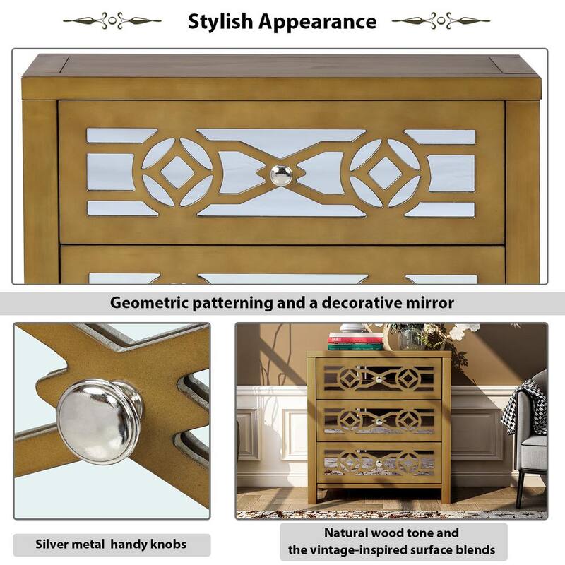 Wooden Storage Natural Wood - Gold Cabinet with 3-Drawers and Decorative Mirror