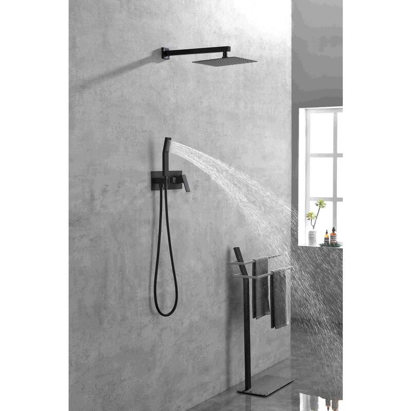 1-Spray Patterns with 10 in. Wall Mount Dual Shower Heads with Hand Shower Faucet in Black Valve Included