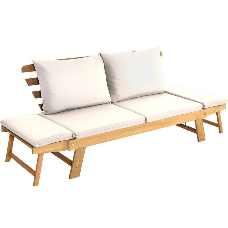 Wood Folding Outdoor Day Bed Patio Acacia Wood Convertible Couch Sofa Bed with White Cushions