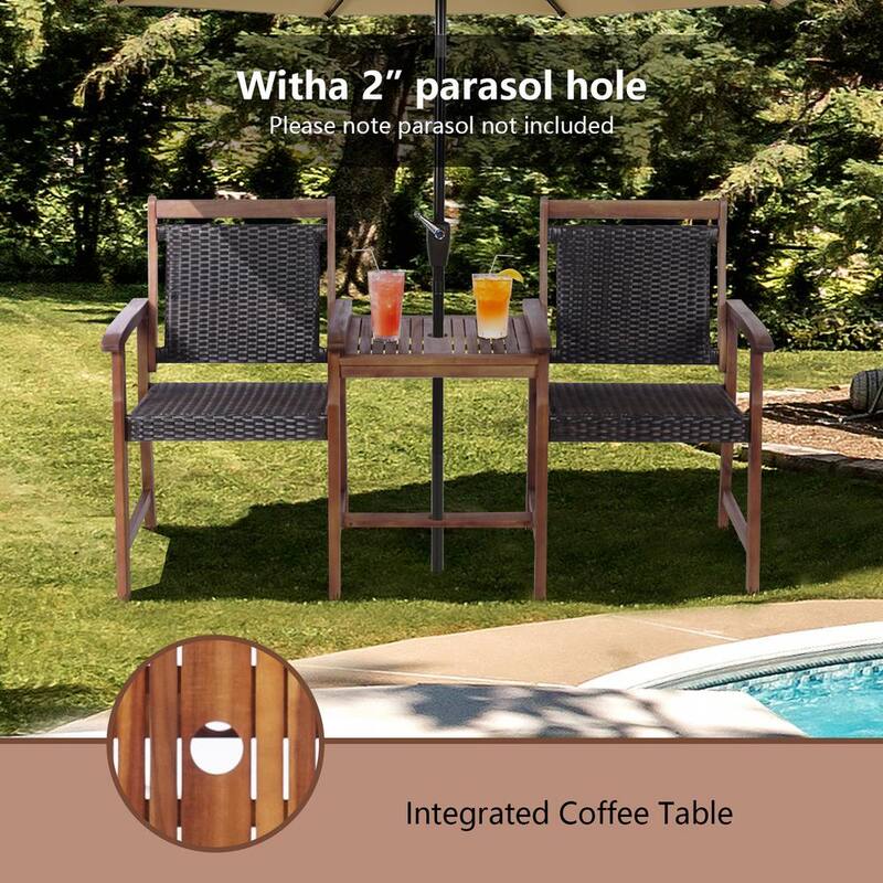 1-Piece 2-Seat Wood Patio Conversation Set with Umbrella Hole