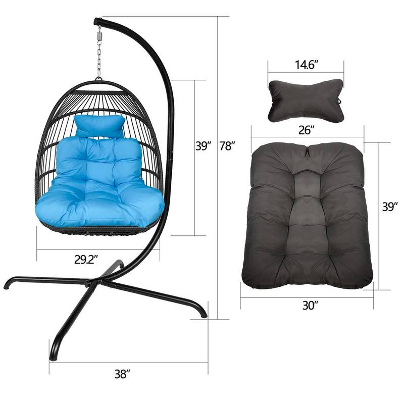 1-Person Black Metal Patio Swing Folding Hanging Chair Hammock Egg Chair with Blue Cushion and Pillow