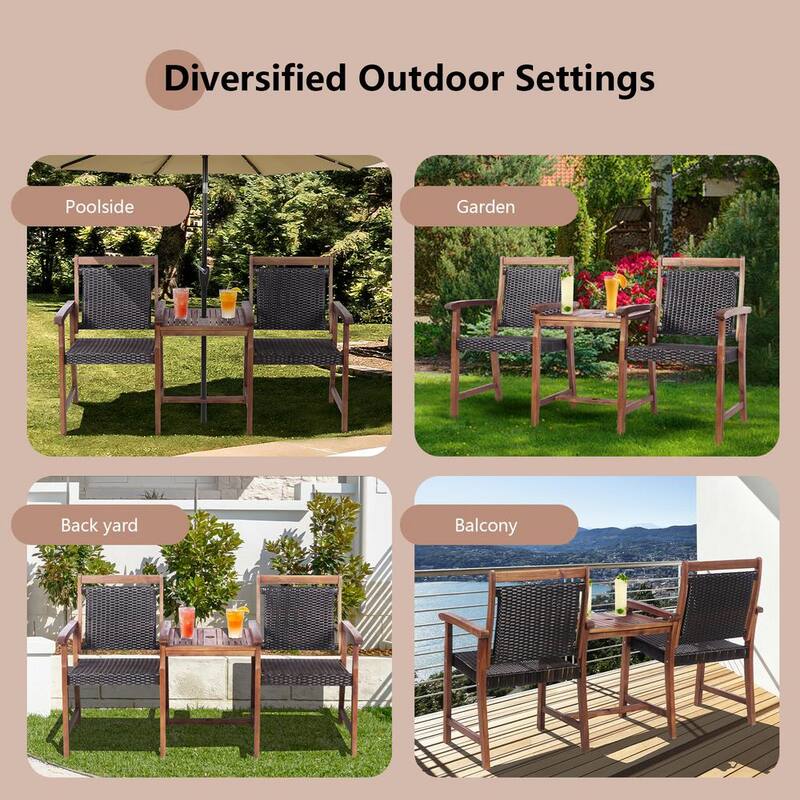 1-Piece 2-Seat Wood Patio Conversation Set with Umbrella Hole