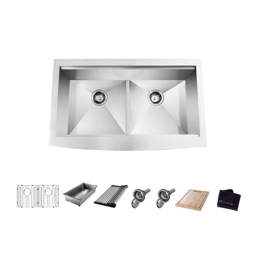 Zero Radius Farmhouse/Apron-Front 18G Stainless Steel 36 in. 50/50 Double Bowl Workstation Kitchen Sink with Accessories