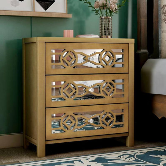 Wooden Storage Natural Wood - Gold Cabinet with 3-Drawers and Decorative Mirror