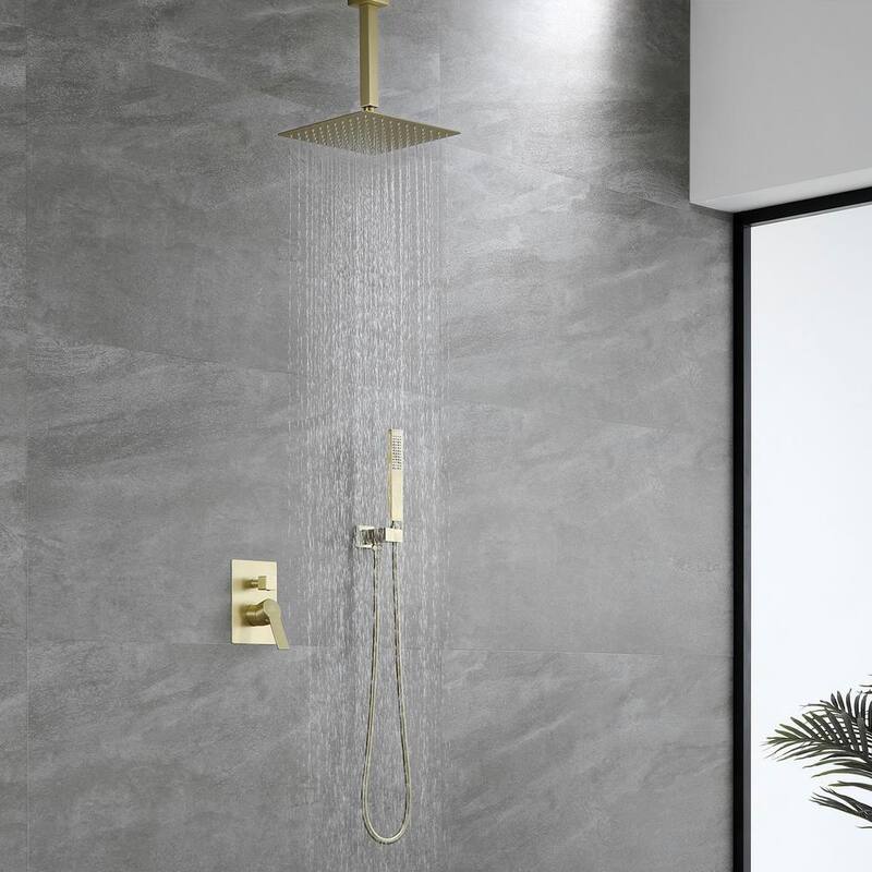 1-Spray Patterns 2.66 GPM 10 in. Ceiling Mounted Dual Shower Heads with Rough-In Valve Body and Trim in Brushed Gold