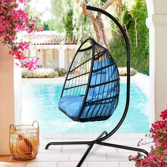 1-Person Black Metal Patio Swing Folding Hanging Chair Hammock Egg Chair with Blue Cushion and Pillow