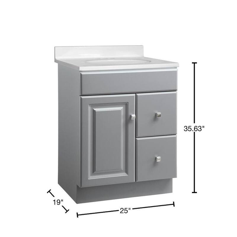 Wyndham 25 in. 1-Door 2-Drawer Bathroom Vanity in Gray with Cultured Marble Solid White Top Ready to Assemble