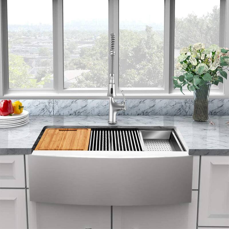 Zero Radius Farmhouse/Apron-Front 18G Stainless Steel 36 in. 50/50 Double Bowl Workstation Kitchen Sink with Accessories