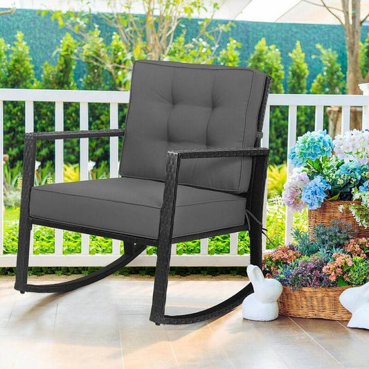 Wicker Outdoor Rocking Chair Patio Rattan Single Chair Glider with Grey Cushion 2-Pieces