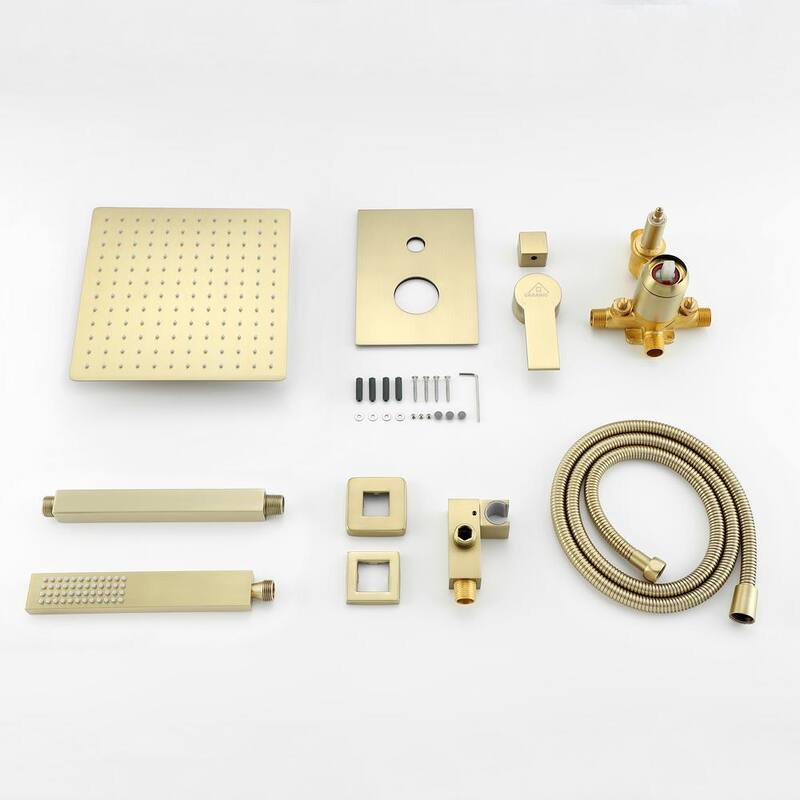 1-Spray Patterns 2.66 GPM 10 in. Ceiling Mounted Dual Shower Heads with Rough-In Valve Body and Trim in Brushed Gold