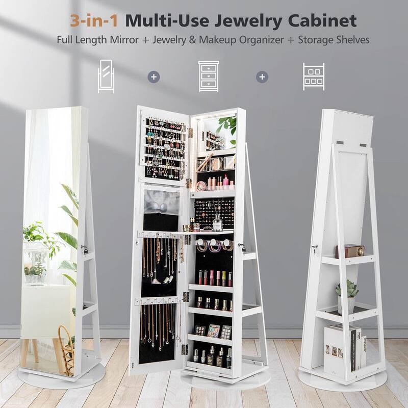 Wood 360 Rotating Mirrored Jewelry Cabinet Armoire 3 Color LED Modes Lockable