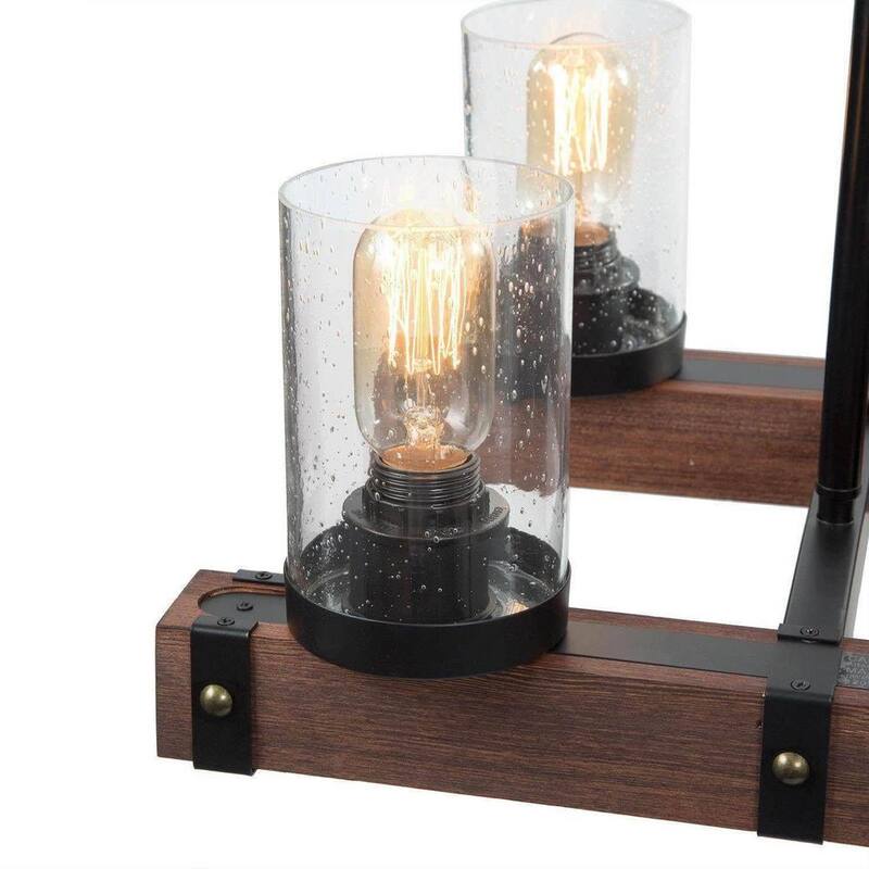 Wood Linear Chandelier Brown Rectangular 6-Light Farmhouse Black Chandelier Island Pendant Light with Seedy Glass Shades