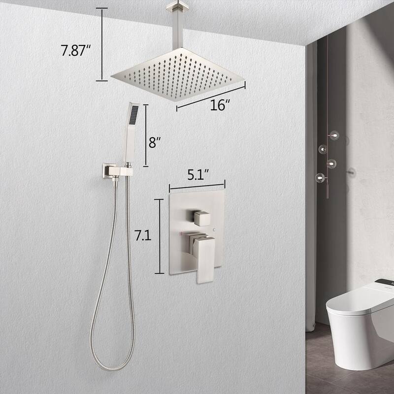 1-Spray Patterns with 2.5 GPM 16 in. Ceiling Mount Dual Shower Heads with Control Valve in Brushed Nickel