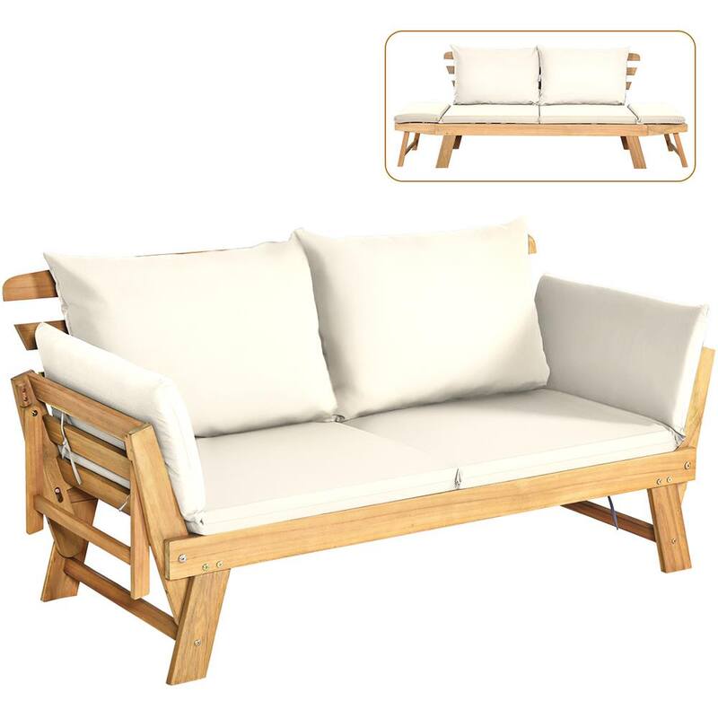 Wood Folding Outdoor Day Bed Patio Acacia Wood Convertible Couch Sofa Bed with White Cushions