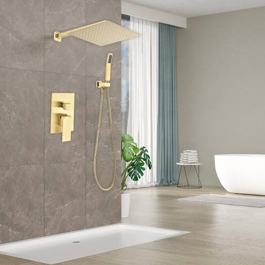 1-Spray Patterns with 2.5 GPM 12 in. Square Wall Mount Dual Shower Heads in Brushed Gold