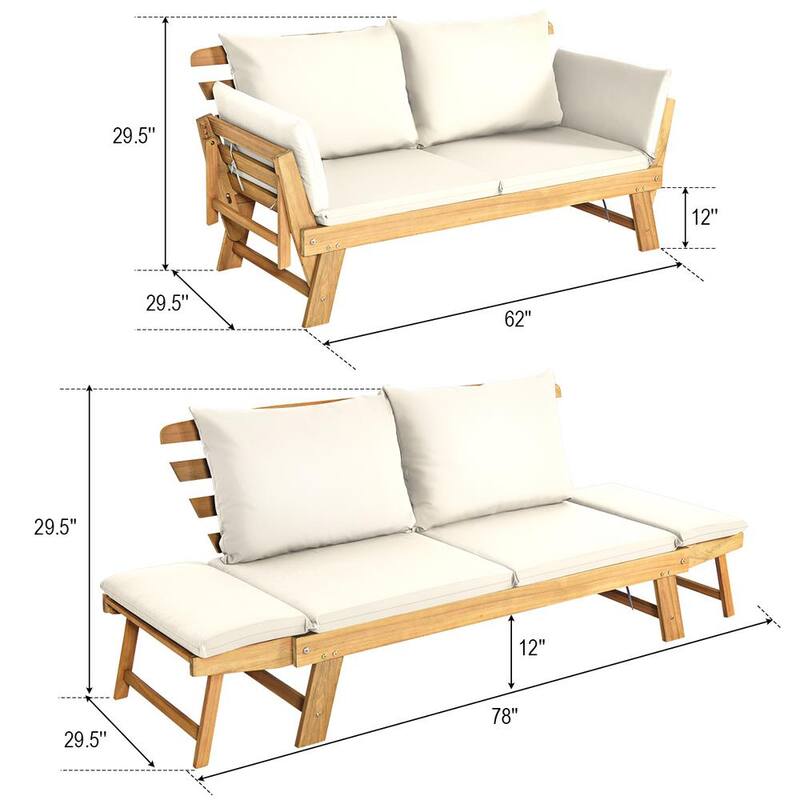 Wood Folding Outdoor Day Bed Patio Acacia Wood Convertible Couch Sofa Bed with White Cushions