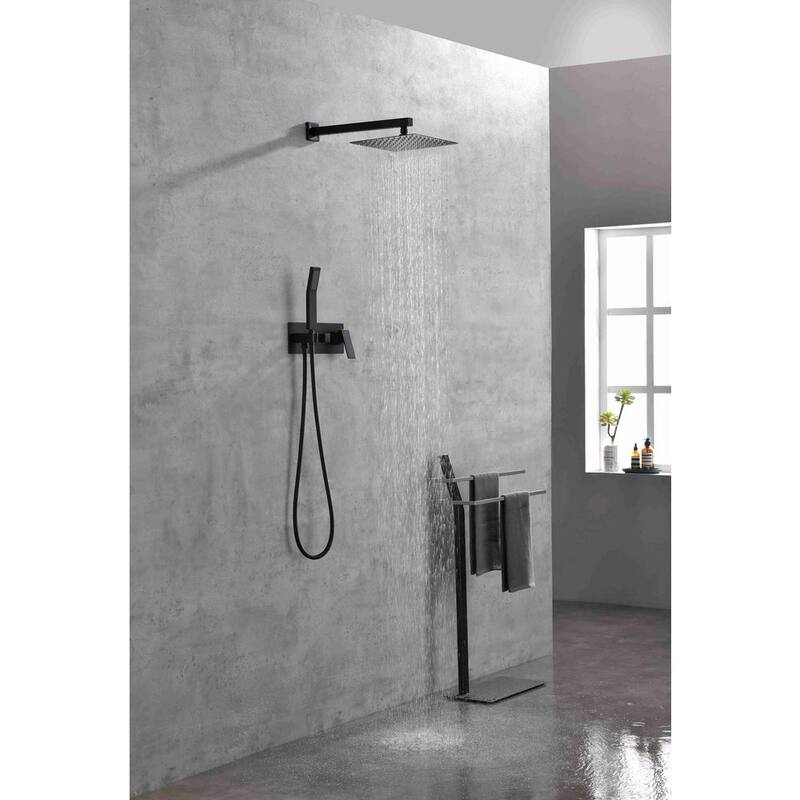 1-Spray Patterns with 10 in. Wall Mount Dual Shower Heads with Hand Shower Faucet in Black Valve Included