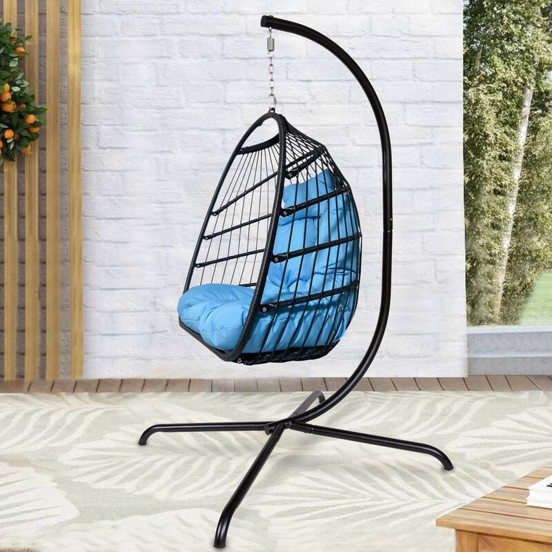 1-Person Black Metal Patio Swing Folding Hanging Chair Hammock Egg Chair with Blue Cushion and Pillow