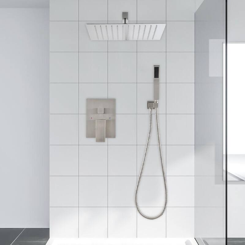 1-Spray Patterns with 2.5 GPM 10 in. Square Ceiling Mount Dual Shower Heads in Brushed Nickel