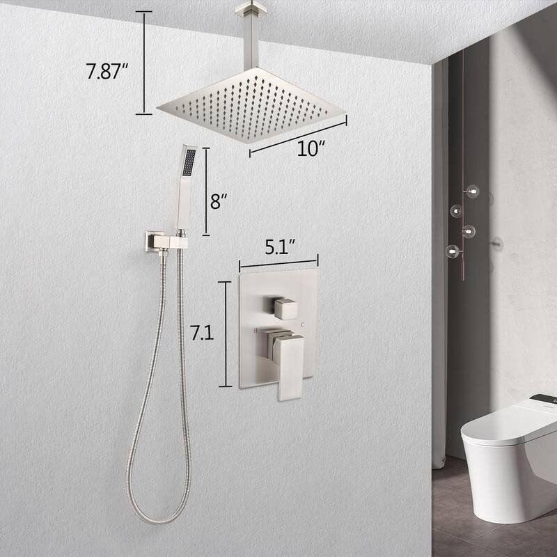 1-Spray Patterns with 2.5 GPM 10 in. Square Ceiling Mount Dual Shower Heads in Brushed Nickel