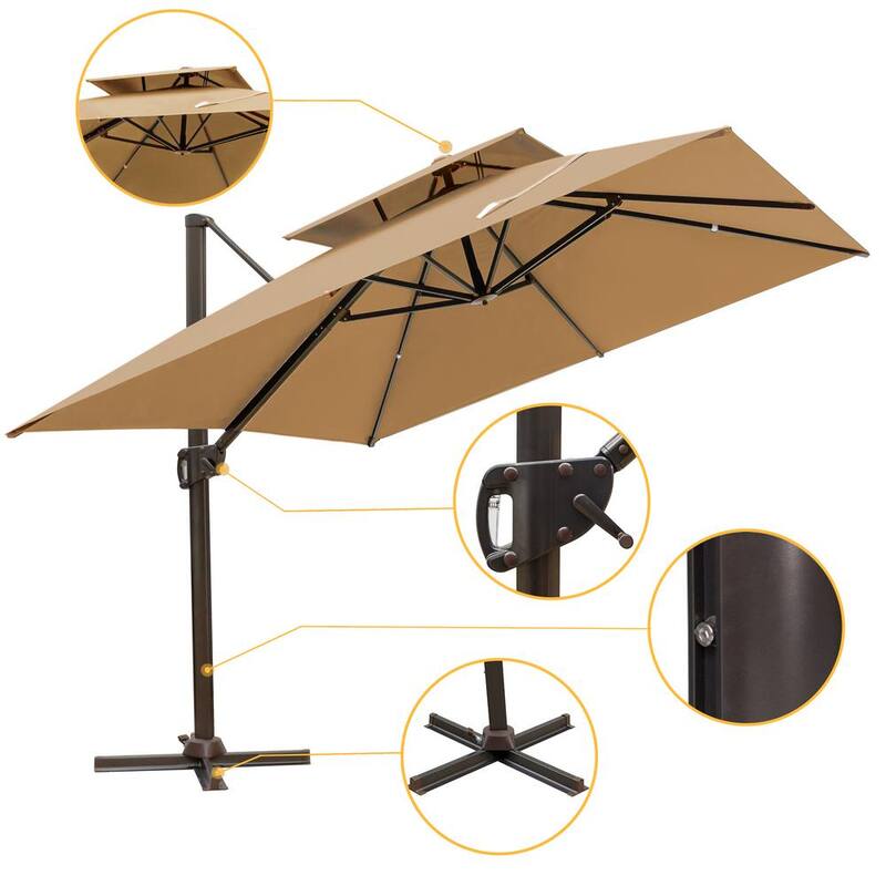 10ft. Double Top Aluminum Cantilever Tilt Patio Umbrella in Tan