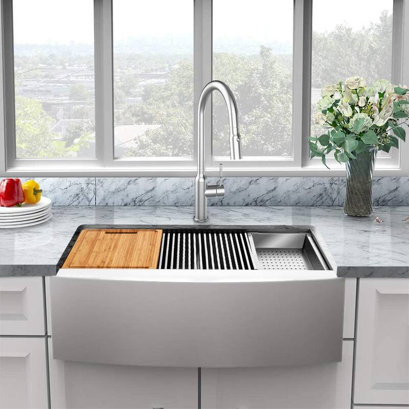 Zero Radius Farmhouse/Apron-Front 18G Stainless Steel 36 in. 50/50 Double Bowl Workstation Kitchen Sink with Accessories