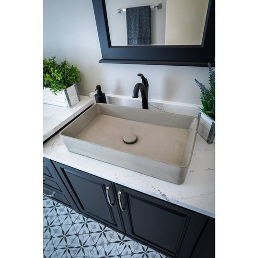 Wide Earthen Gray Concrete Rectangular Vessel Sink with Drain