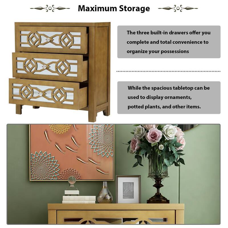 Wooden Storage Natural Wood - Gold Cabinet with 3-Drawers and Decorative Mirror