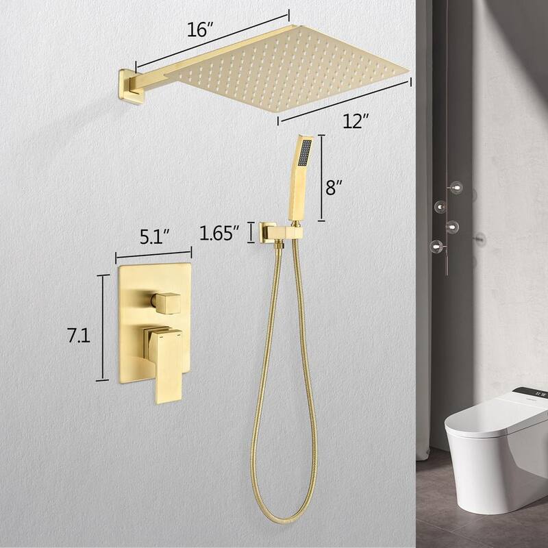 1-Spray Patterns with 2.5 GPM 12 in. Square Wall Mount Dual Shower Heads in Brushed Gold