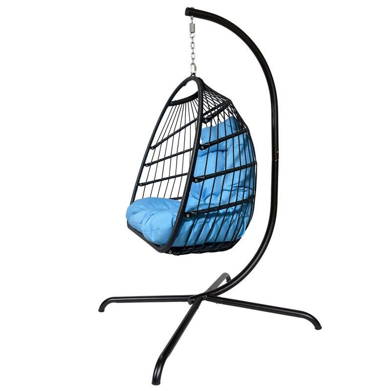 1-Person Black Metal Patio Swing Folding Hanging Chair Hammock Egg Chair with Blue Cushion and Pillow